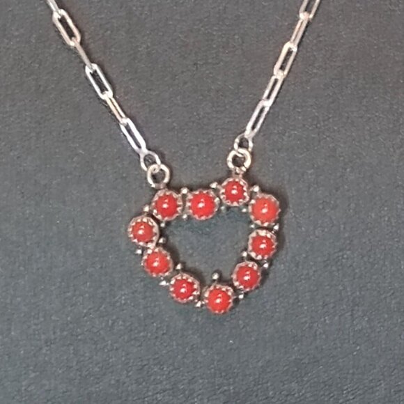 Handmade Jewelry - Heart Shaped Red Coral Pendant Necklace on Sterling Silver Chain Adjustable 9.5g